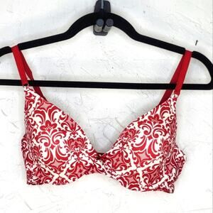 SOMA Embraceable Demi Red and White Fleur De Lis Printed Bra Size 34C